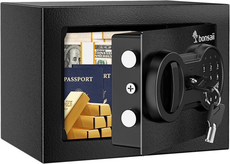 bonsaii Safe Box with Electronic Keypad, Steel Security Lock Box with Key, 0.23 Cubic Feet, 9.06" W x 6.69" D x 6.69" H, Small Hidden Safe for Cash Jewelry - Image 1